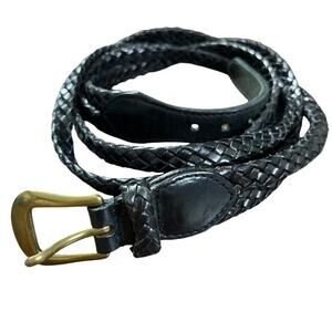 Talbots Womens Black Twist Braided Woven Belt Brass Buckle Genuine Leather sz L